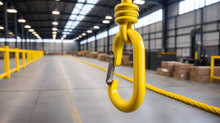 A bright yellow hook is prominently displayed in front of blurred ropes in an industrial warehouse, creating a modern and dynamic industrial environment.