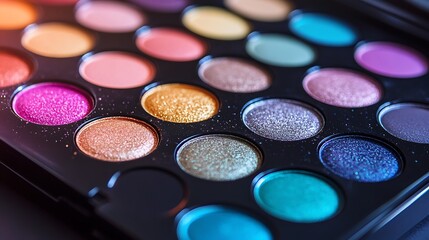 Realistic close-up of a vibrant eyeshadow palette with its assorted shades & textures, illuminated to highlight details of the pigments & packaging