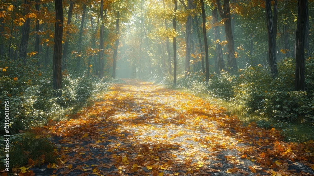 Poster a serene forest path blanketed with golden autumn leaves, illuminated by soft sunlight filtering thr