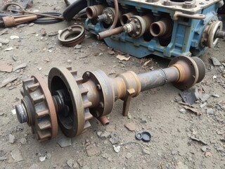Old crankshaft amidst junkyard debris and rust