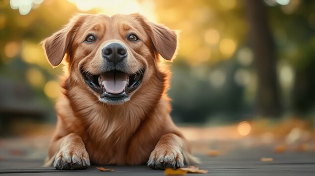 Happy brown dog is laying on a wooden deck with leaves on the ground. The dog has its tongue out and is smiling - Powered by Adobe