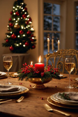 A candle on a festive Christmas table, surrounded by holiday decorations, creating a warm and joyful holiday atmosphere