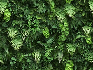 Seamless Pattern - Lush green wall featuring a variety of ferns and other plants.