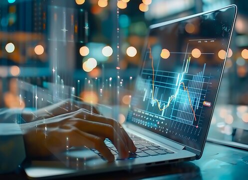 A business person using a laptop with financial data and graphs on the screen, analyzing a company's marketing plan or sales analytics in an office room. 