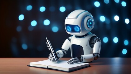 cute robot writing on notebook futuristic tech concept creative robot author writes on paper modern robot using pen artificial intelligence creating content robotic copywriter working with tech