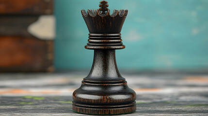 Dark wooden chess queen on rustic table, books blurred background, strategy concept, stock photo