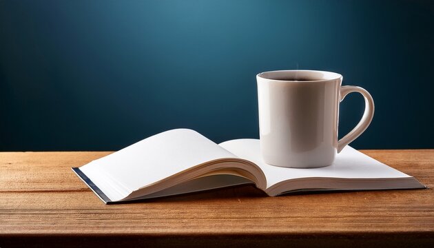 coffee mug and open book on wooden table with copy space