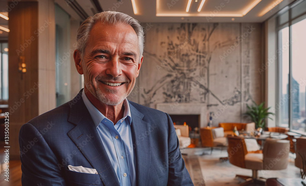Poster Man in a suit is smiling in front of a wall with a mural. Concept of sophistication and elegance, as the man is dressed in a well-tailored suit and he is posing for a photograph