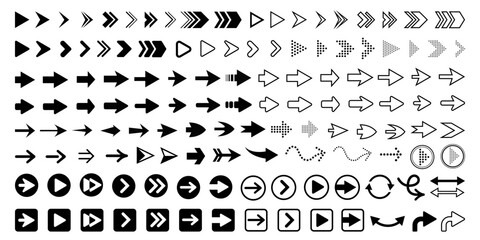 Black arrow icon set. Direction symbols. Points or outlines in thick, thin, straight, curved, pointed, circle, square and halftone styles. Vector illustration.