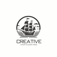  Vintage sailing ship silhouette logo design. Cruise ship vector logo design