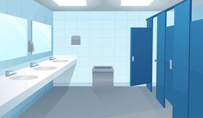 Public toilet, empty wc restroom interior with closed cubicles, urinals, washbasins with mirror and liquid soap, litter bin on tiled floor, Cartoon vector illustration