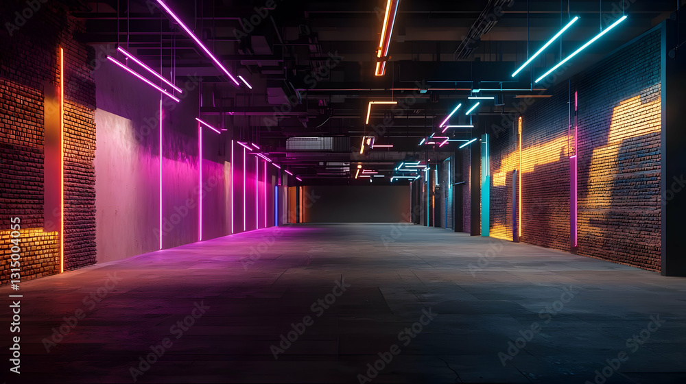 Poster empty neon illuminated tunnel corridor with colorful vibrant glowing lights and textured patterned w