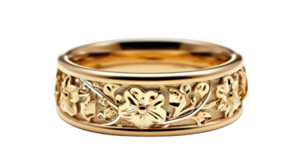 Golden ring embellished with floral motifs on transparent background