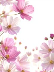 Fototapeta premium Delicate cosmos flowers in soft pink and white hues against a bright white background creating a serene floral composition for spring