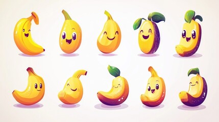 Cute cartoon fruits, various poses, white background, kids' book illustrations