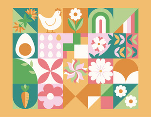 Wielkanocny baner z mozaiką z świątecznymi symbolami. Wiosenny geometryczny wzór z królikiem, jajkami i kwiatami. © Monika