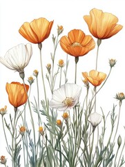 Naklejka premium Watercolor poppy meadow illustration with white and orange flowers on a white background delicate floral botanical art