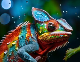 a vibrant chameleon portrait is captured with droplets of water enhancing its texture and colors this image is ideal for nature themed articles educational content or pet care materials