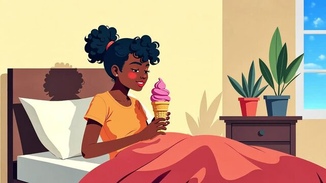 Happy beautiful young woman eating delicious ice cream in her room at home, cartoon vector style