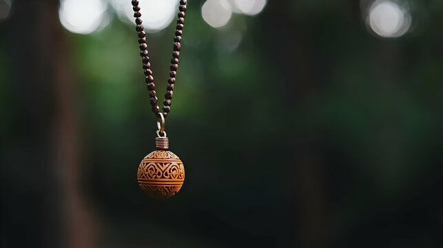 Intricate wooden pendant necklace hangs outdoors, nature bokeh background. Perfect for spiritual, jewelry, or relaxation themed content
