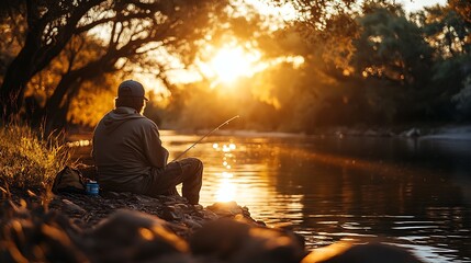 Silhouette of a man fishing at sunset by a river.