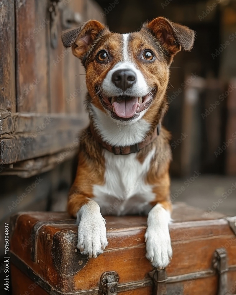 Poster adorable dog with expressive eyes resting on a vintage suitcase in a rustic setting full of charm an