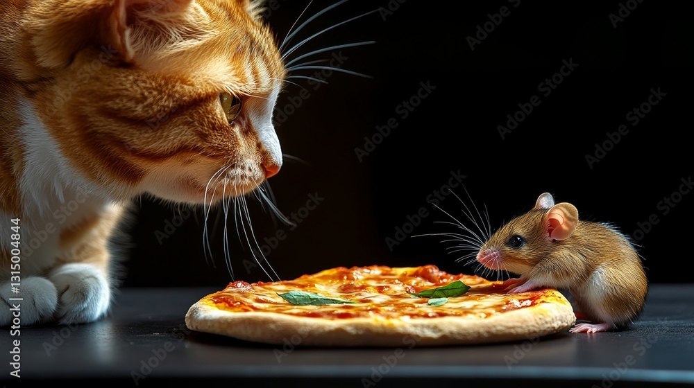 Poster cat is looking at a small mouse that is eating a slice of pizza. the cat is curious about the mouse 