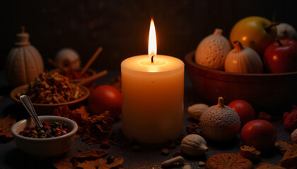 Obraz premium Illuminating candle in dark room surrounded by offerings, warmth