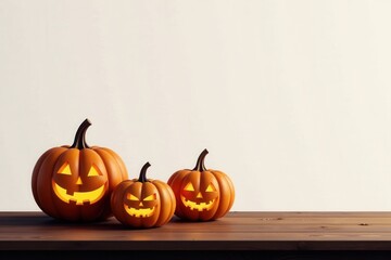 Illuminated Jack-o'-lanterns arranged on a rustic wooden surface against a neutral backdrop, creating a spooky yet inviting autumnal ambiance.