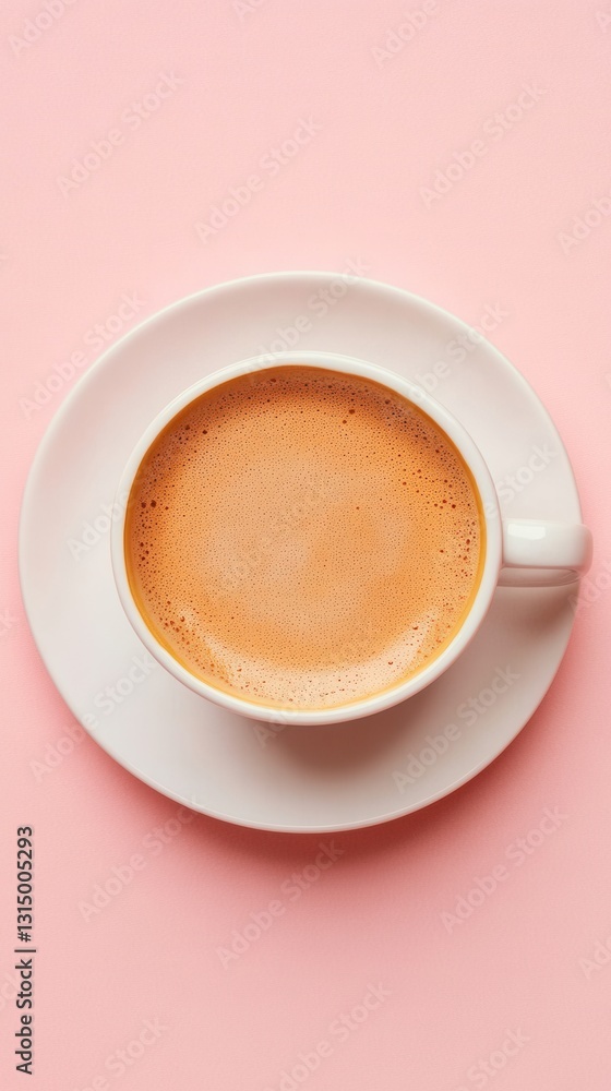Poster aerial view of creamy latte in white cup on saucer against soft pink backdrop creating a calming and
