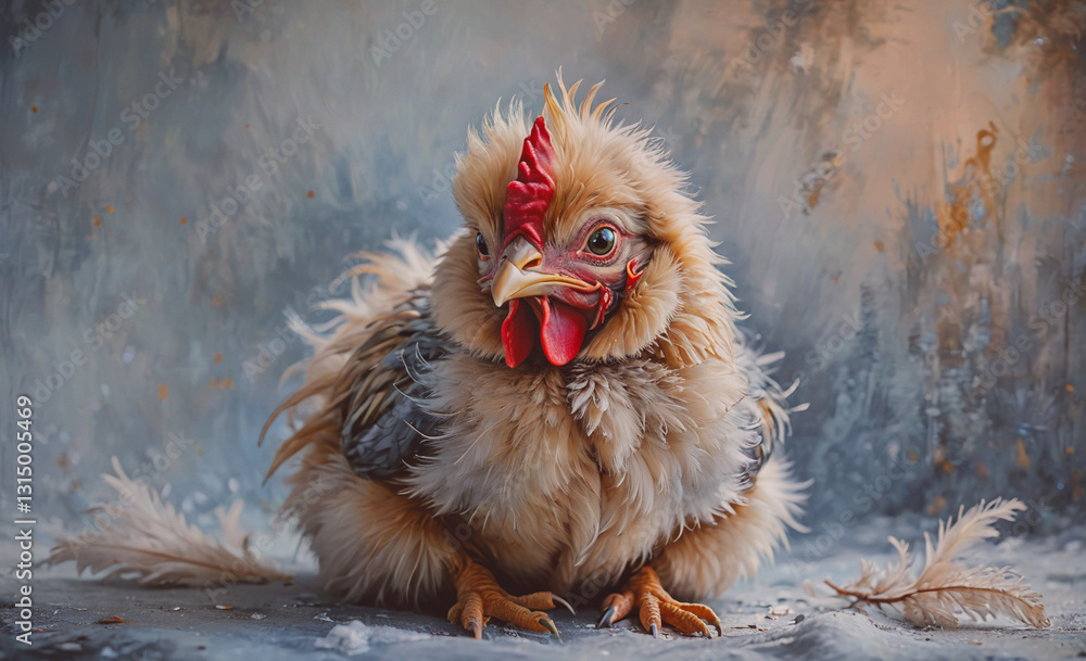 Poster fluffy chicken with a red beak is sitting on the ground. the image has a warm and cozy feeling, as t