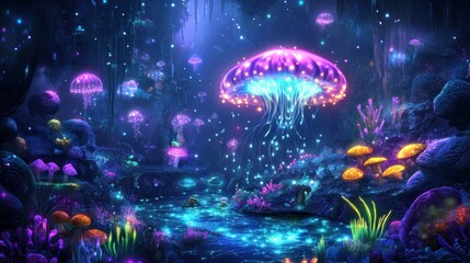 Fototapeta premium Enchanting bioluminescent fantasy landscape with glowing jellyfish and fungi