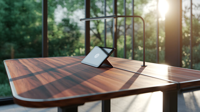  A modern workspace featuring a sleek wooden desk, a tablet on a stand, and a stylish lamp, bathed in natural light from large windows. - Powered by Adobe