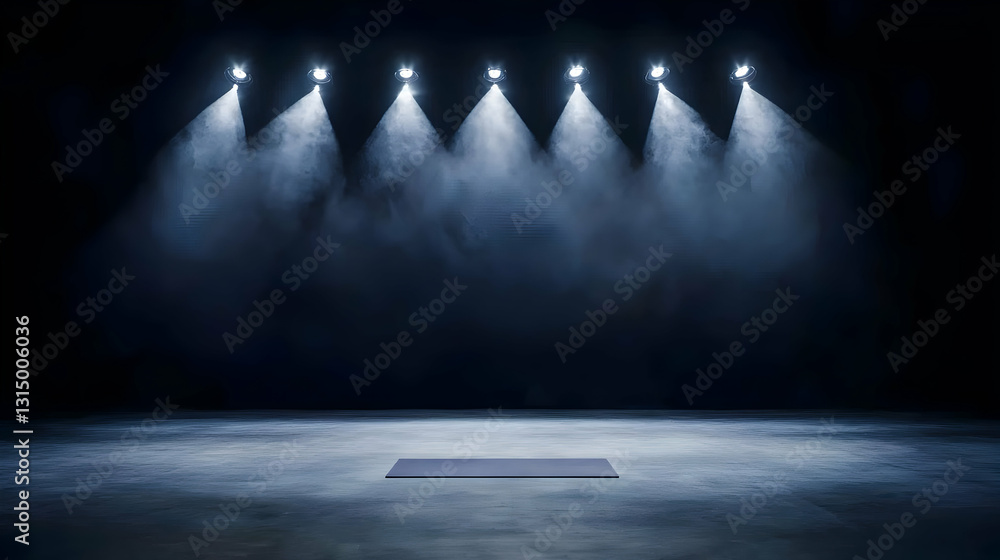 Poster illuminated empty stage with spotlights and smoky atmosphere on a textured concrete floor in a dark 