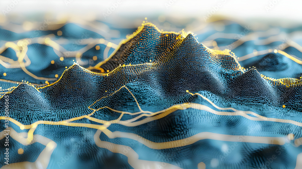 Poster 3d render of an abstract blue and gold digital data landscape with a futuristic technological design