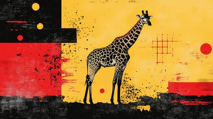 Fotobehang Abstract Giraffe Against Sunset - An elegant silhouette of a giraffe stands on rocks, set against a geometric background with vibrant yellow and red hues.. © _Dmitrich_G