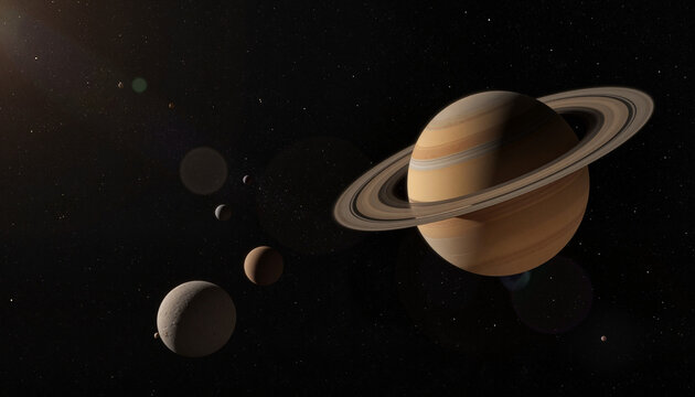 Majestic Saturn surrounded by its moons in deep space, cosmic beauty