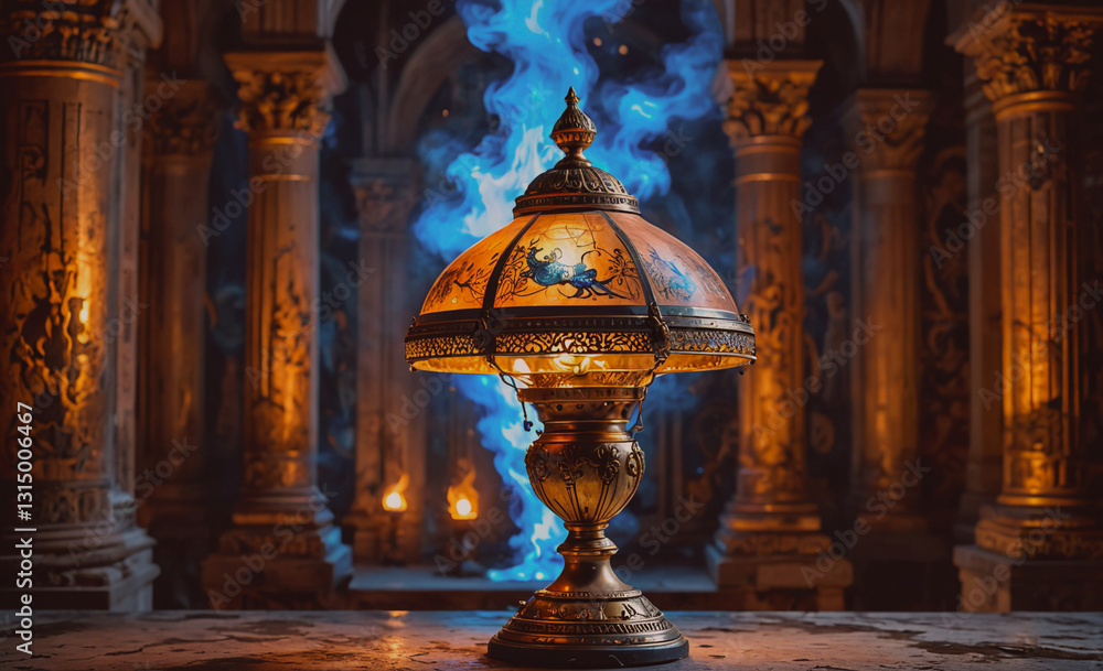 Poster lamp with a blue flame sits on a table in a dark room. the lamp is surrounded by pillars and has a g