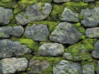 Seamless Pattern - Mossy Stone Wall: Natural green moss covers aged stone, a tranquil scene.
