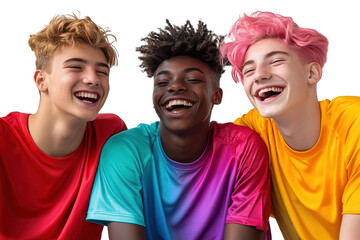 Portrait of a group of smiling young people in colorful t-shirts. Clipart, Png.