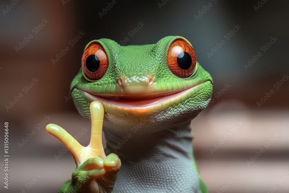 Poster green frog with red eyes is smiling and holding up its right hand with its thumb and index finger ex