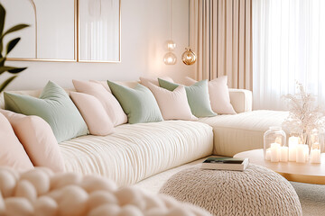 Fototapeta premium Canapé avec coussin dans un salon clair et lumineux, bougies sur la table