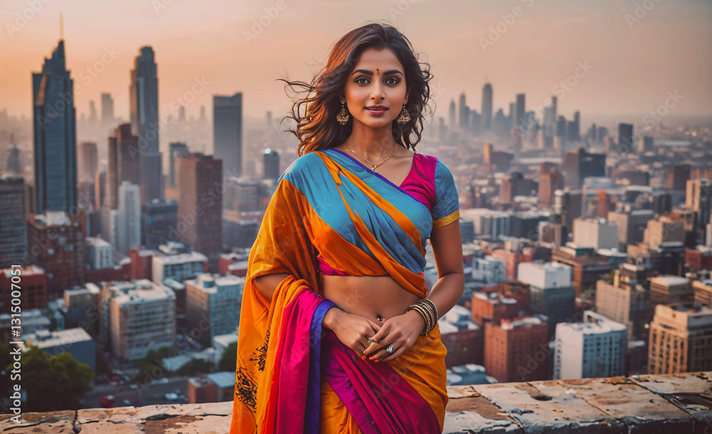 Poster woman in a colorful sari stands on a rooftop in a city. the cityscape in the background is a mix of 