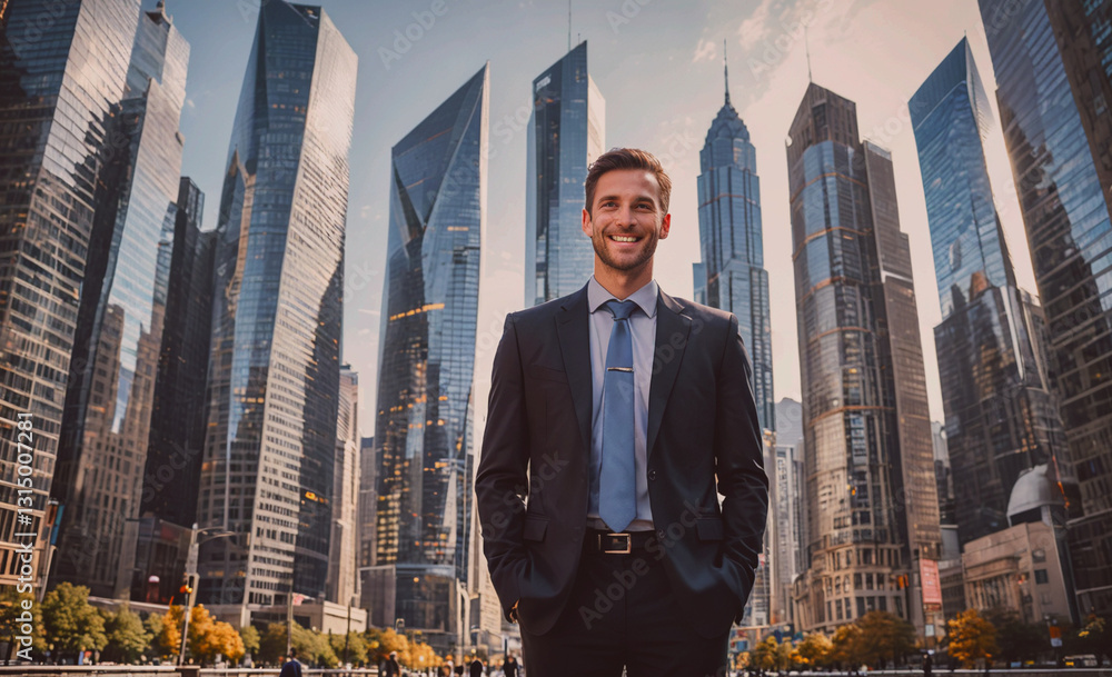 Poster Man in a suit and tie stands in front of a city skyline. He is smiling and he is happy