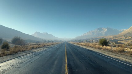 Naklejka premium A serene, empty road stretches into the distance, surrounded by mountains and a clear sky, evoking a sense of adventure and tranquility.