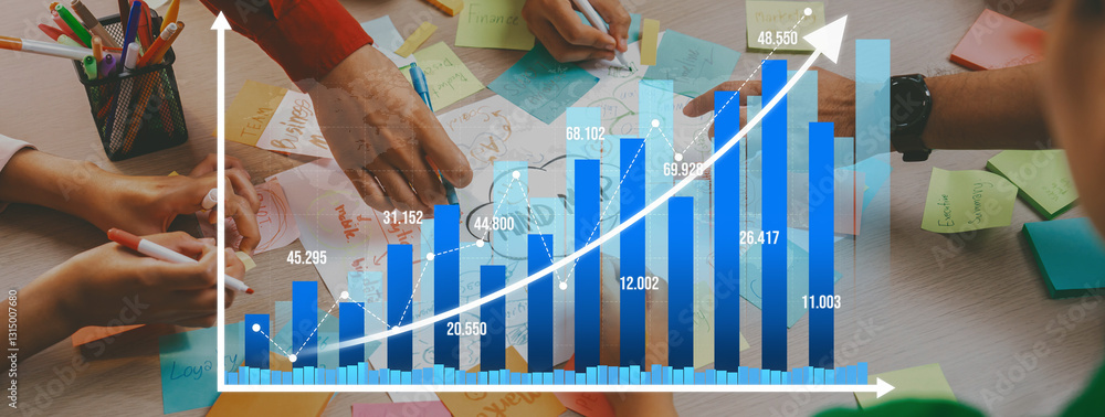 Poster engaging image showcasing hands collaborating over a colorful workspace with sticky notes and a dyna
