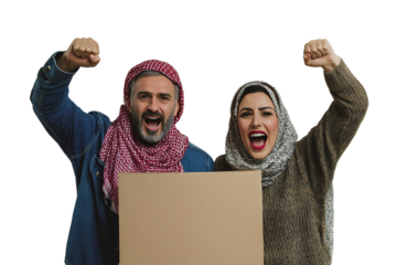 Group of people with empty placard. transparent cutout, png.