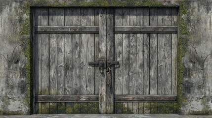Aged wooden double doors on a mossy stone wall