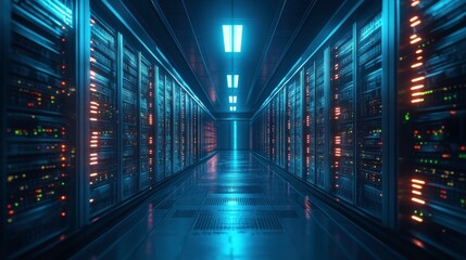Obraz premium A futuristic server room illuminated by blue lights, featuring rows of servers and a sleek, reflective floor.