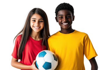 Portrait of a boy and a girl with a soccer ball on a white background. clipart, png.